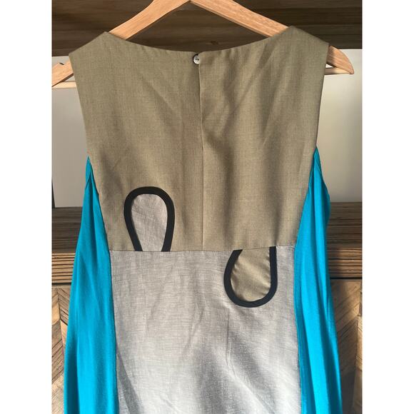 Mixed Material Linen and Cotton Sleeveless Dress Flax and Turqoise Small/Medium - Picture 6 of 7